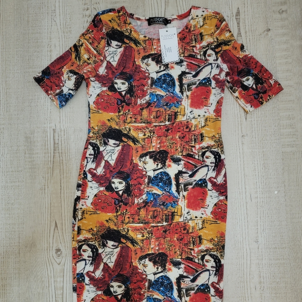 NWT Pussycat London Artistic Midi Sweater Bodycon Dress Medium Wearable Art